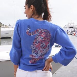Blue Cardigan W/ Rhinestone Walking Tiger